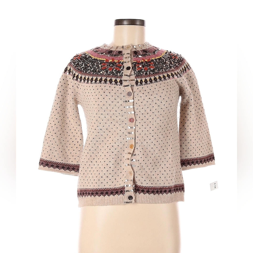 French Connection Womens M Lambs Wool Sequin Fair Isle Cardigan Cream Colorful
